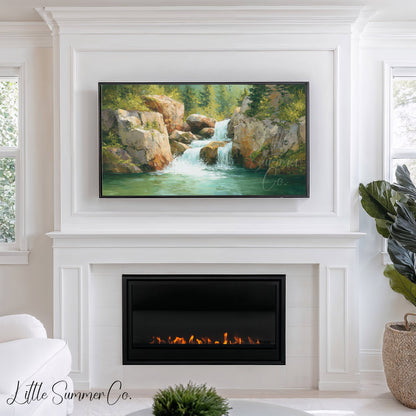 Rocky Forest Waterfall Frame TV Art displayed on a TV