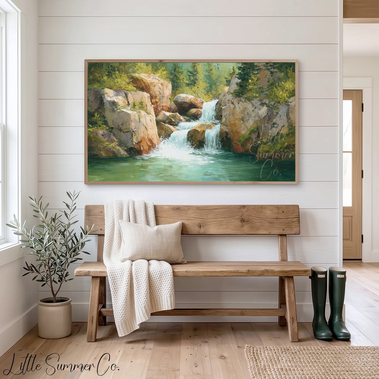 Rocky Forest Waterfall Frame TV Art displayed on a TV