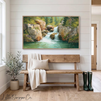Rocky Forest Waterfall Frame TV Art displayed on a TV
