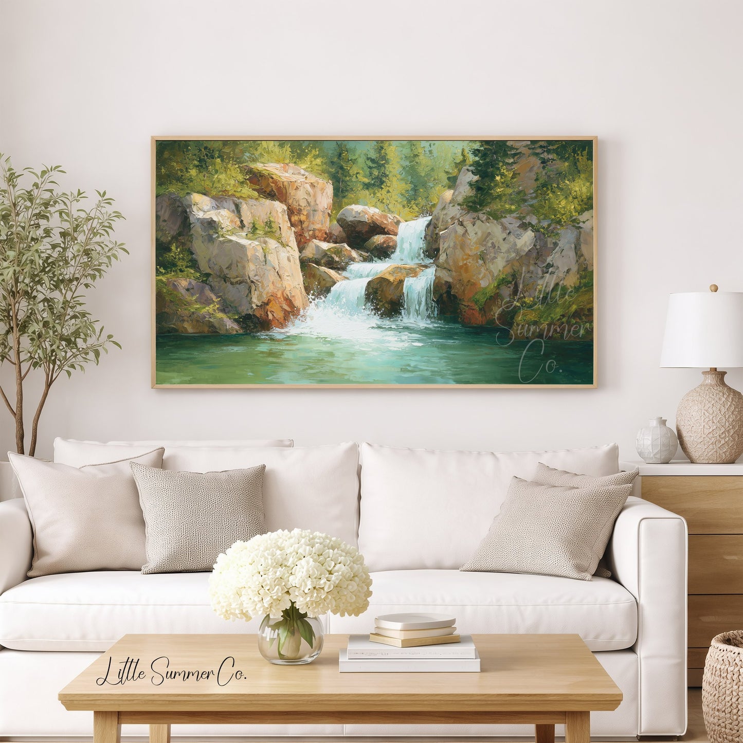 Rocky Forest Waterfall Frame TV Art displayed on a TV