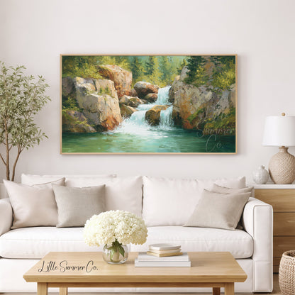 Rocky Forest Waterfall Frame TV Art displayed on a TV