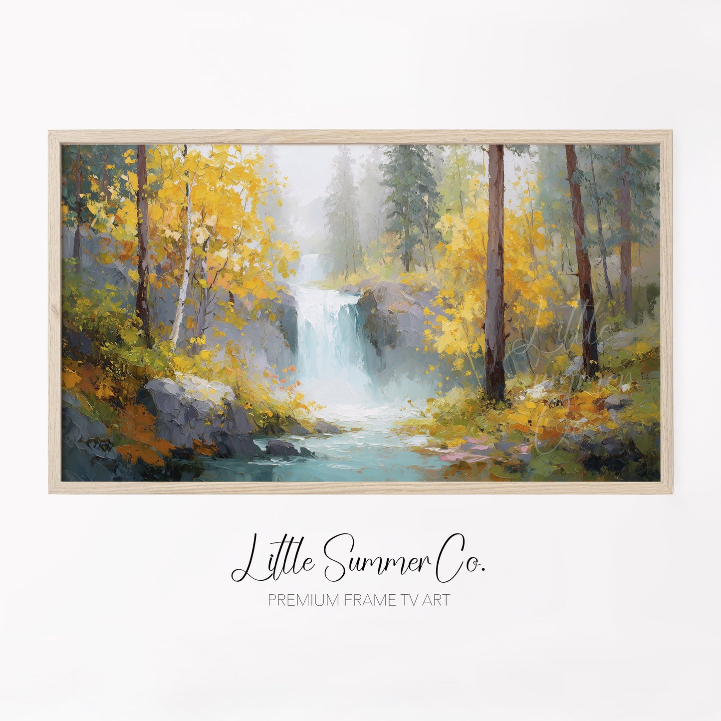 Golden Birch Waterfall Frame TV Art displayed on a TV