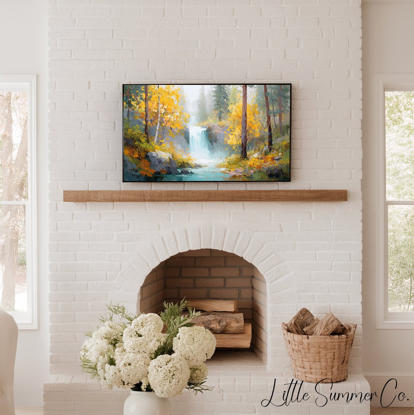 Golden Birch Waterfall Frame TV Art displayed on a TV