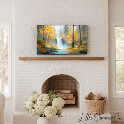 Golden Birch Waterfall Frame TV Art displayed on a TV