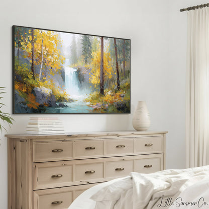 Golden Birch Waterfall Frame TV Art displayed on a TV