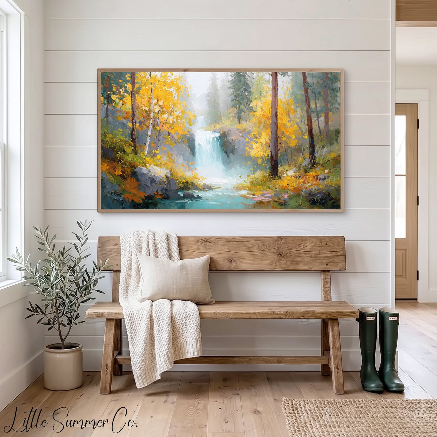 Golden Birch Waterfall Frame TV Art displayed on a TV