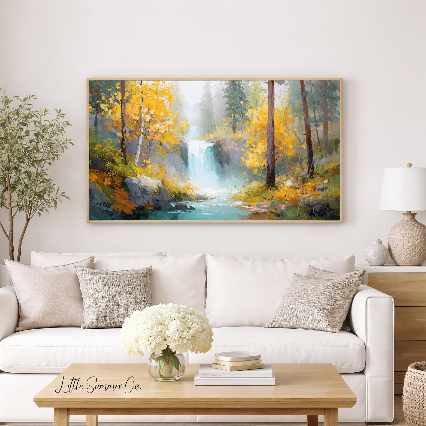 Golden Birch Waterfall Frame TV Art displayed on a TV