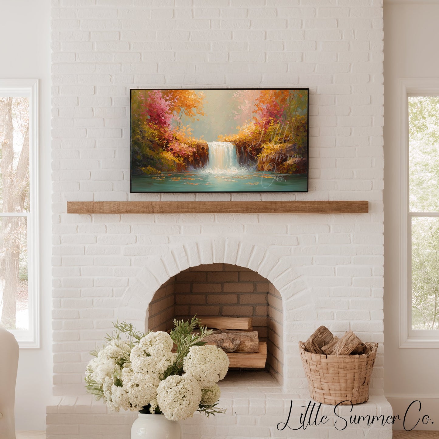 Autumn Waterfall Foliage Frame TV Art displayed on a TV