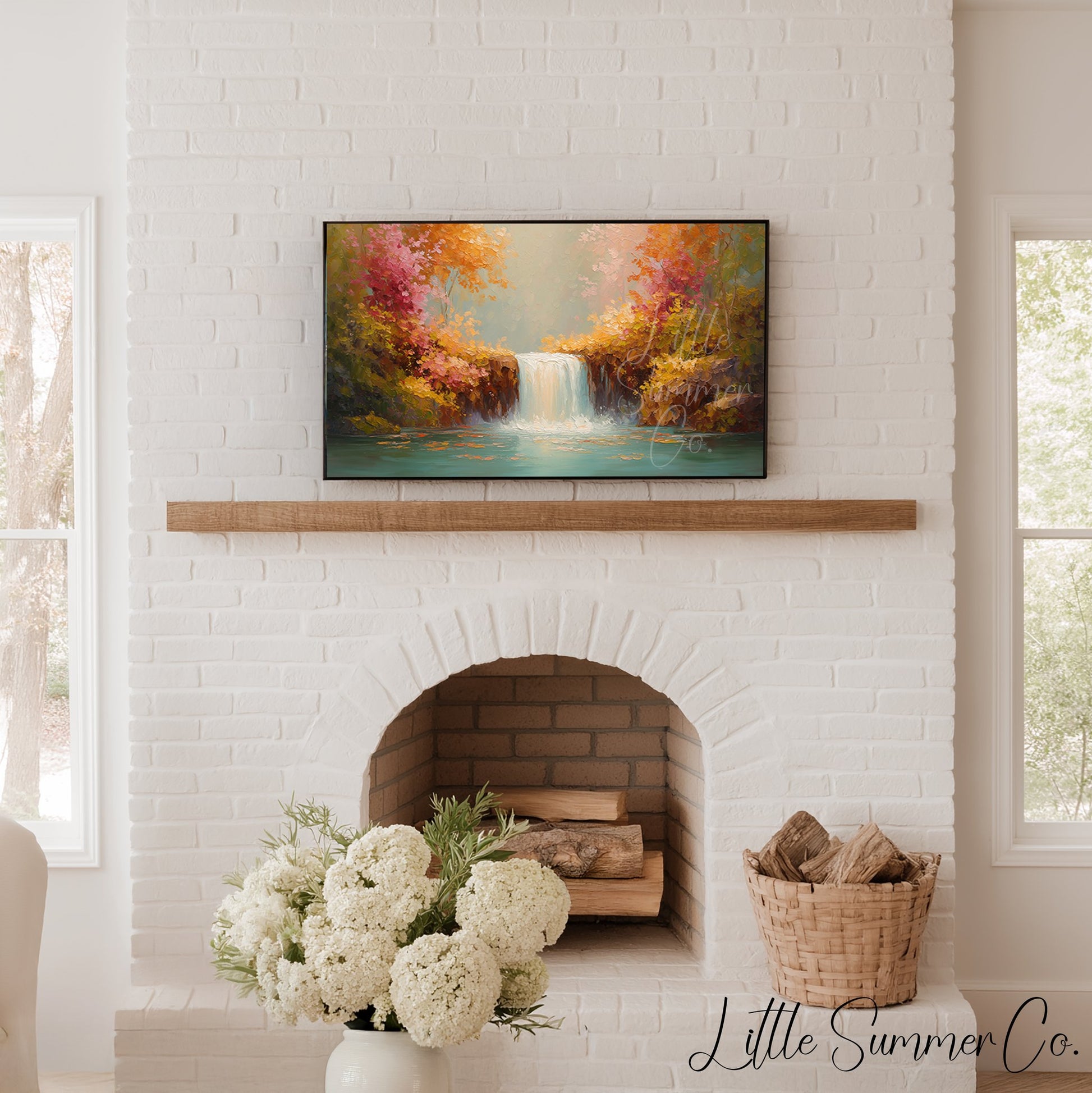 Autumn Waterfall Foliage Frame TV Art displayed on a TV
