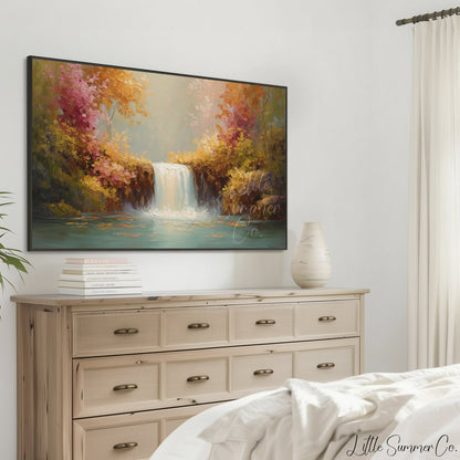 Autumn Waterfall Foliage Frame TV Art displayed on a TV