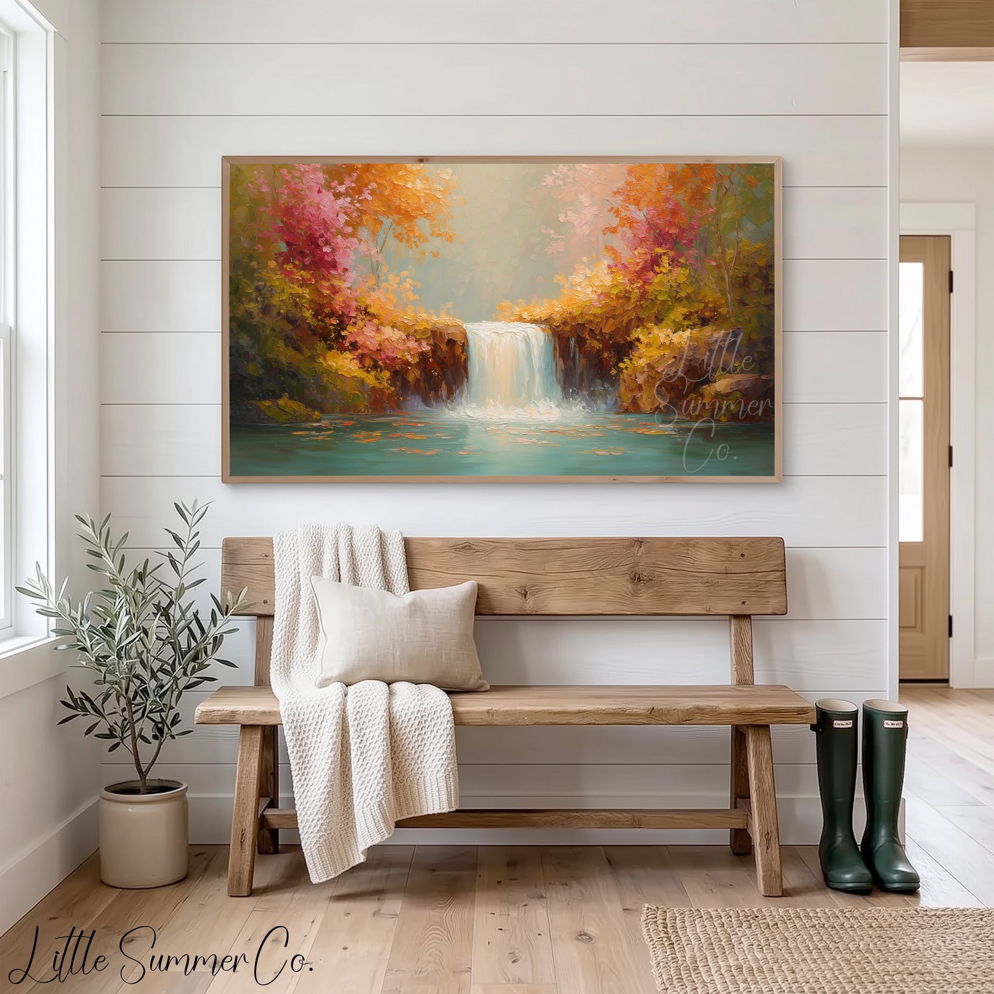 Autumn Waterfall Foliage Frame TV Art displayed on a TV