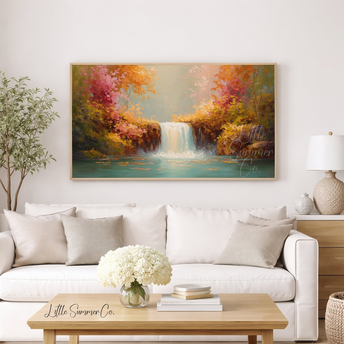 Autumn Waterfall Foliage Frame TV Art displayed on a TV