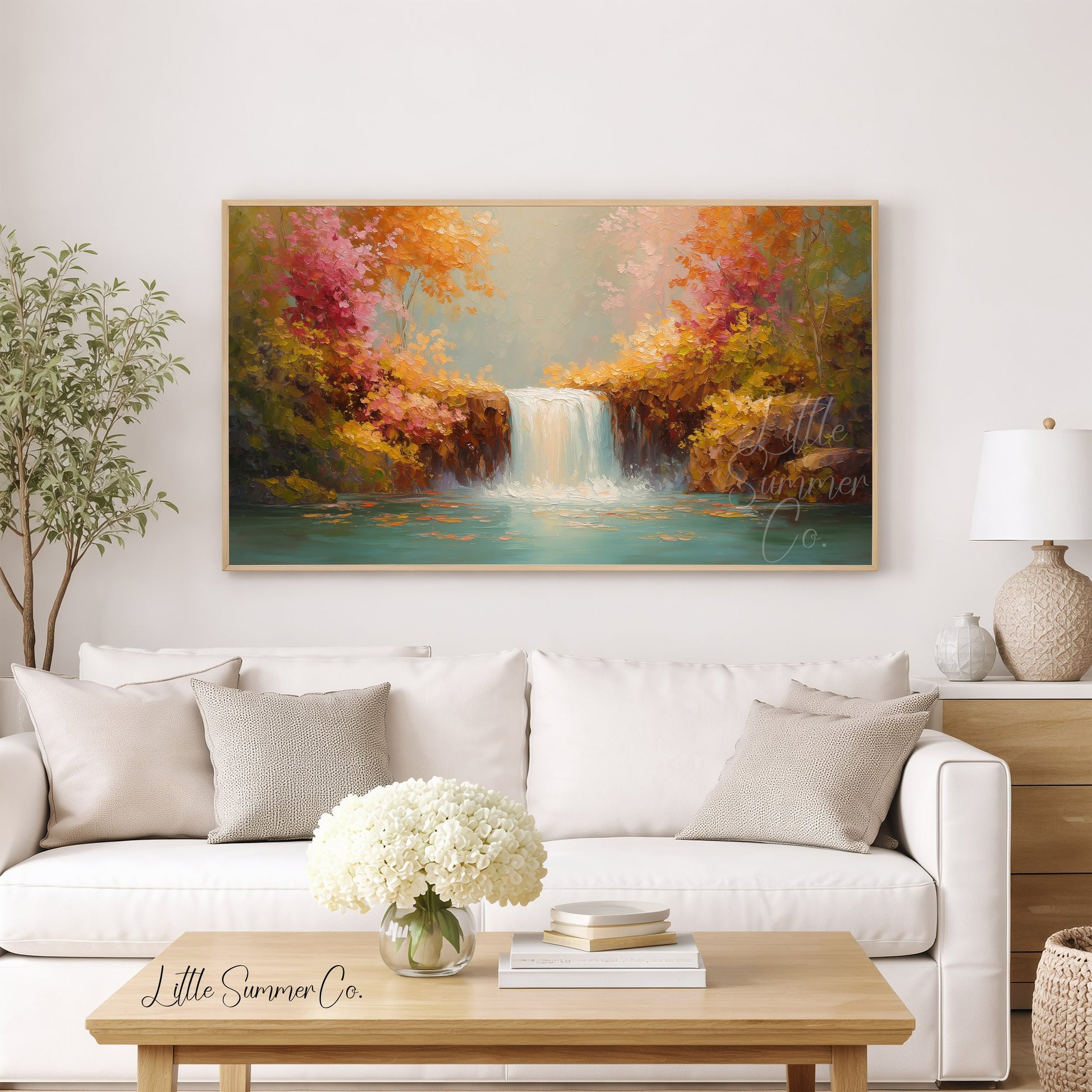 Autumn Waterfall Foliage Frame TV Art displayed on a TV