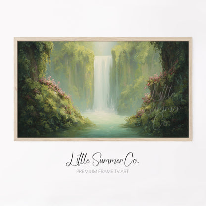 Jungle Waterfall in Bloom Frame TV Art displayed on a TV