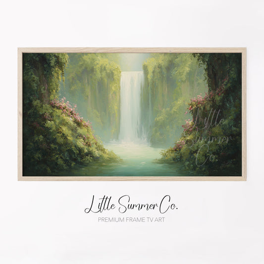 Jungle Waterfall in Bloom Frame TV Art displayed on a TV