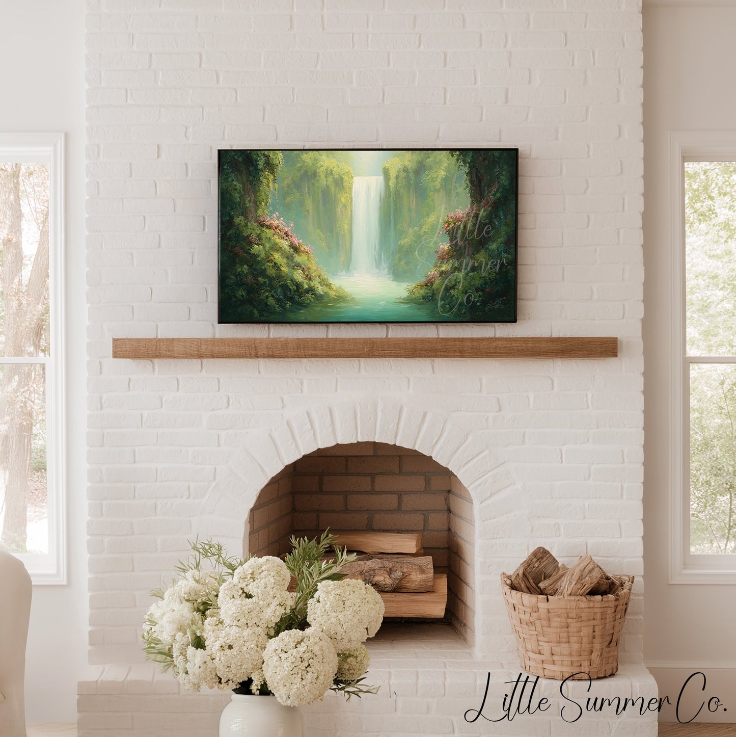Jungle Waterfall in Bloom Frame TV Art displayed on a TV