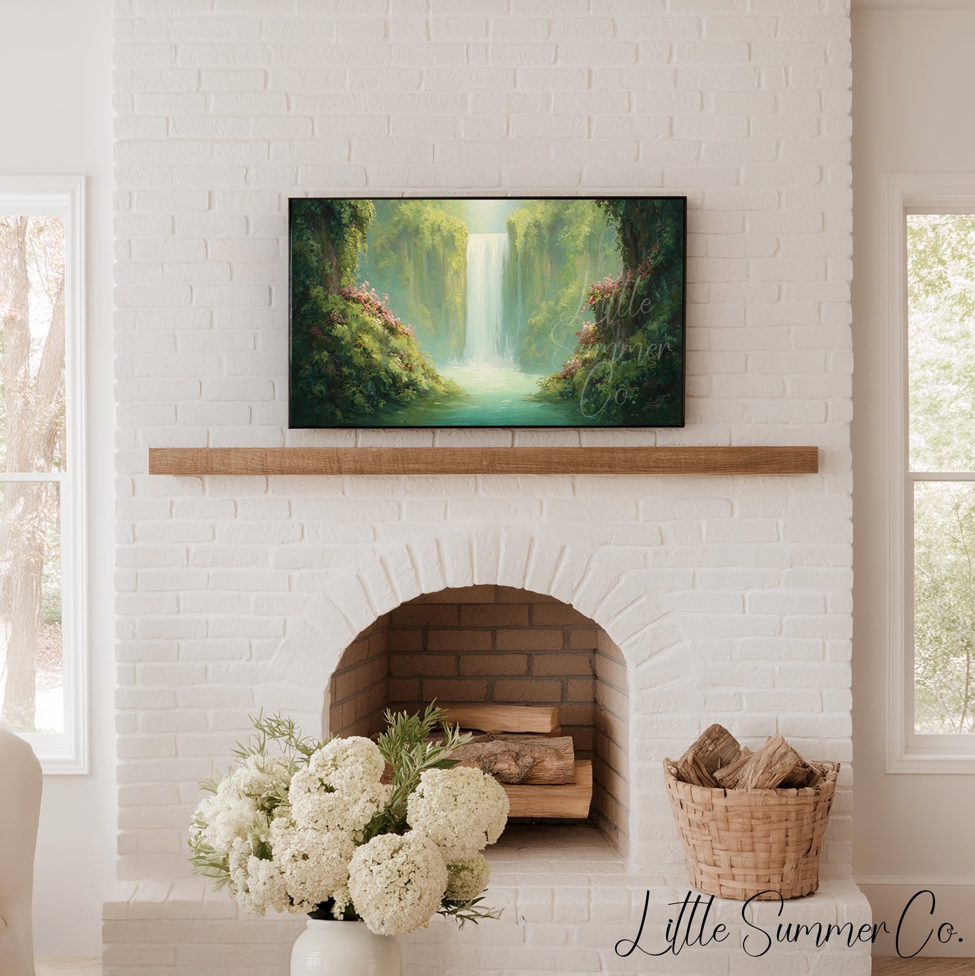 Jungle Waterfall in Bloom Frame TV Art displayed on a TV
