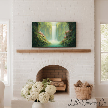 Jungle Waterfall in Bloom Frame TV Art displayed on a TV
