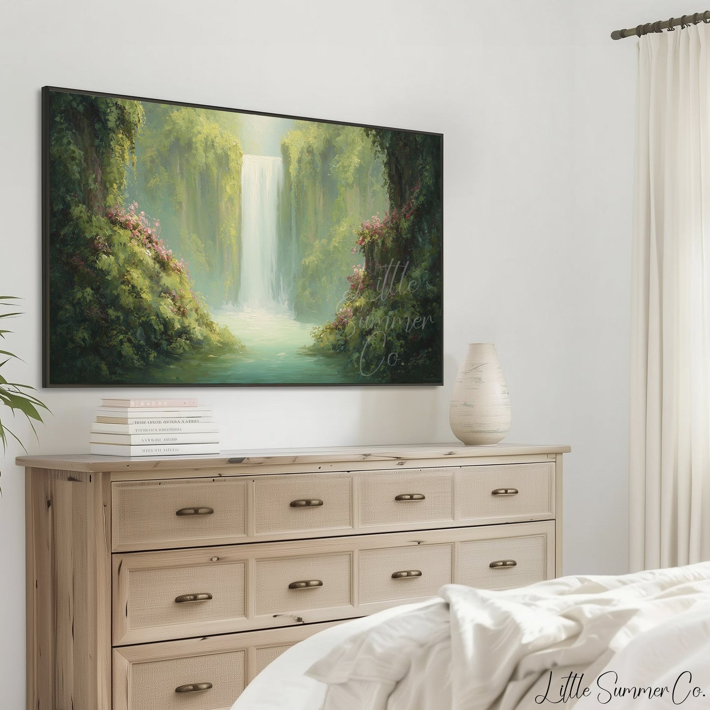 Jungle Waterfall in Bloom Frame TV Art displayed on a TV