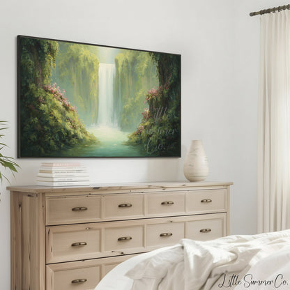 Jungle Waterfall in Bloom Frame TV Art displayed on a TV