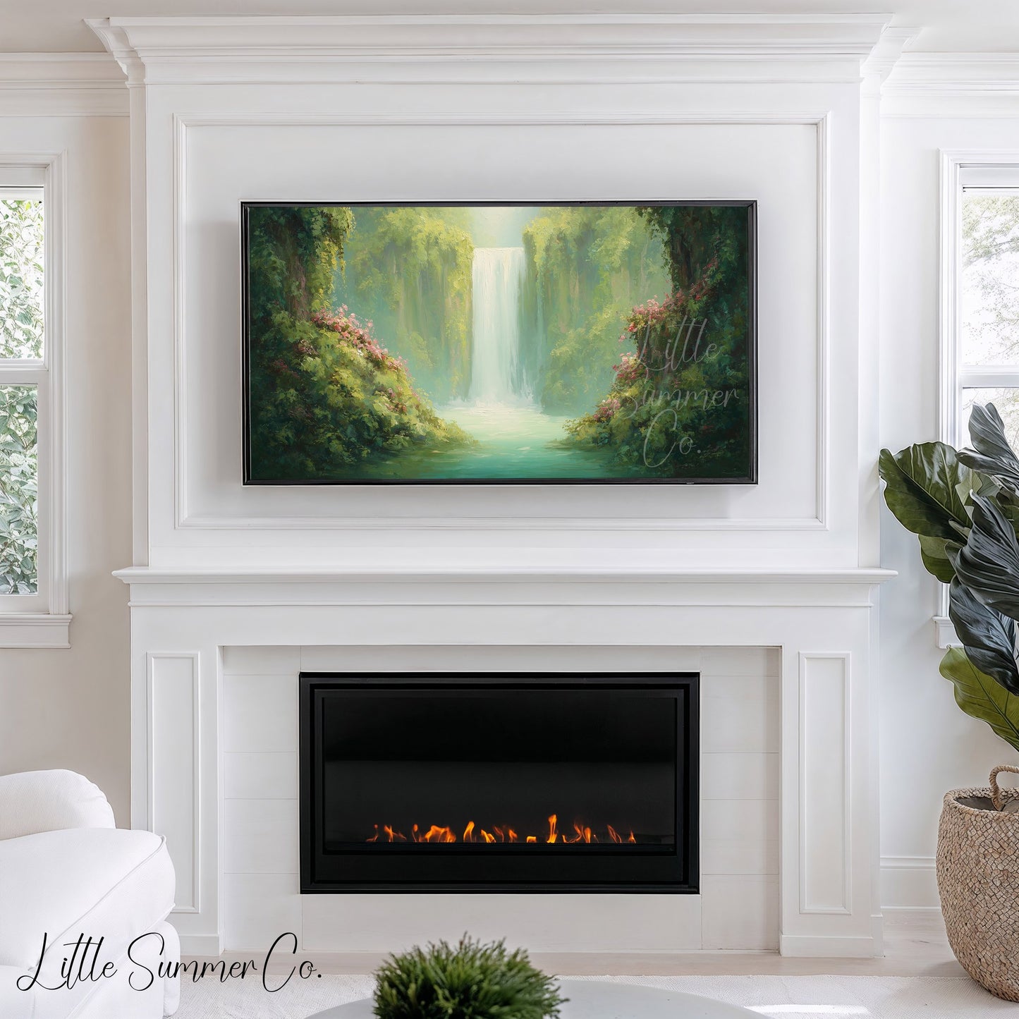 Jungle Waterfall in Bloom Frame TV Art displayed on a TV
