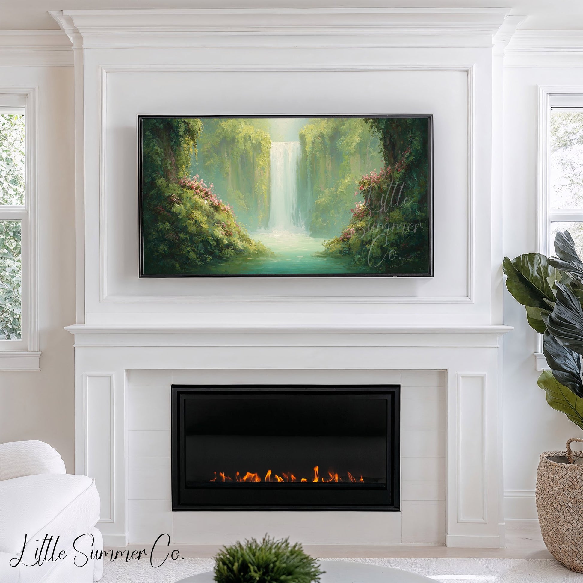 Jungle Waterfall in Bloom Frame TV Art displayed on a TV