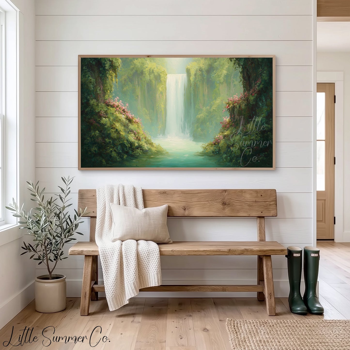 Jungle Waterfall in Bloom Frame TV Art displayed on a TV
