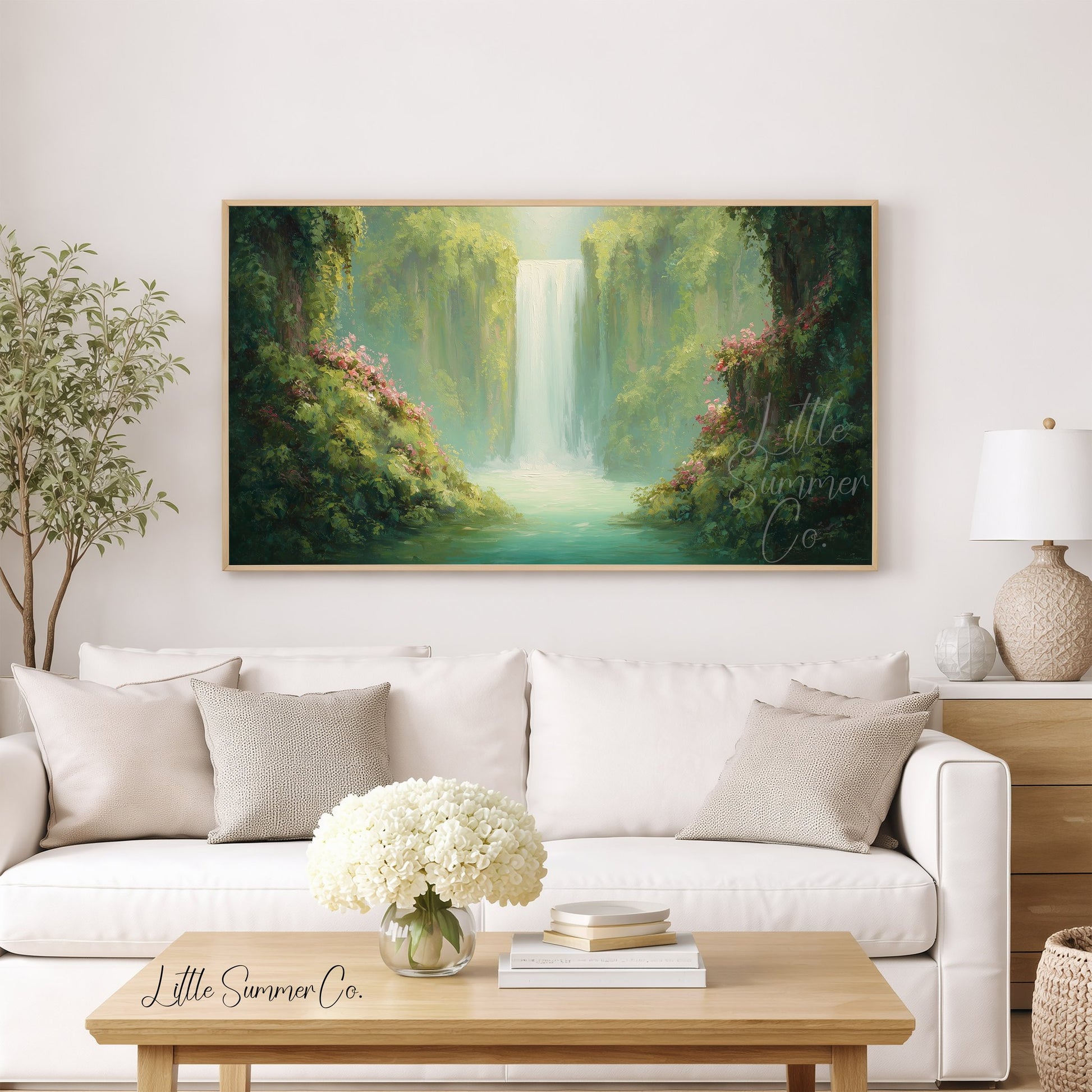 Jungle Waterfall in Bloom Frame TV Art displayed on a TV