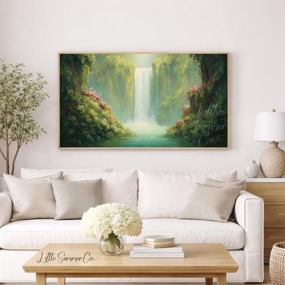 Jungle Waterfall in Bloom Frame TV Art displayed on a TV