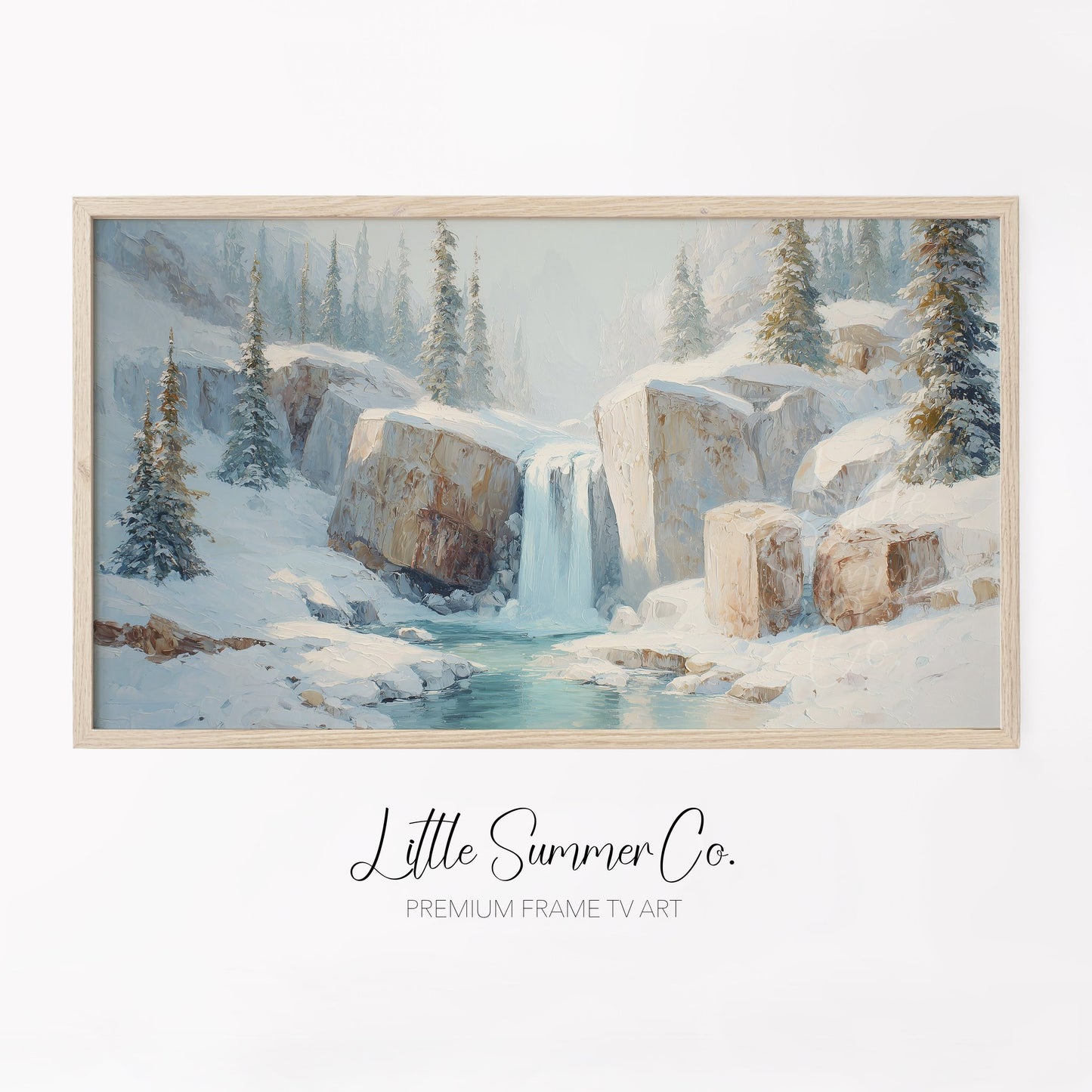 Snowy Mountain Waterfall Frame TV Art displayed on a TV