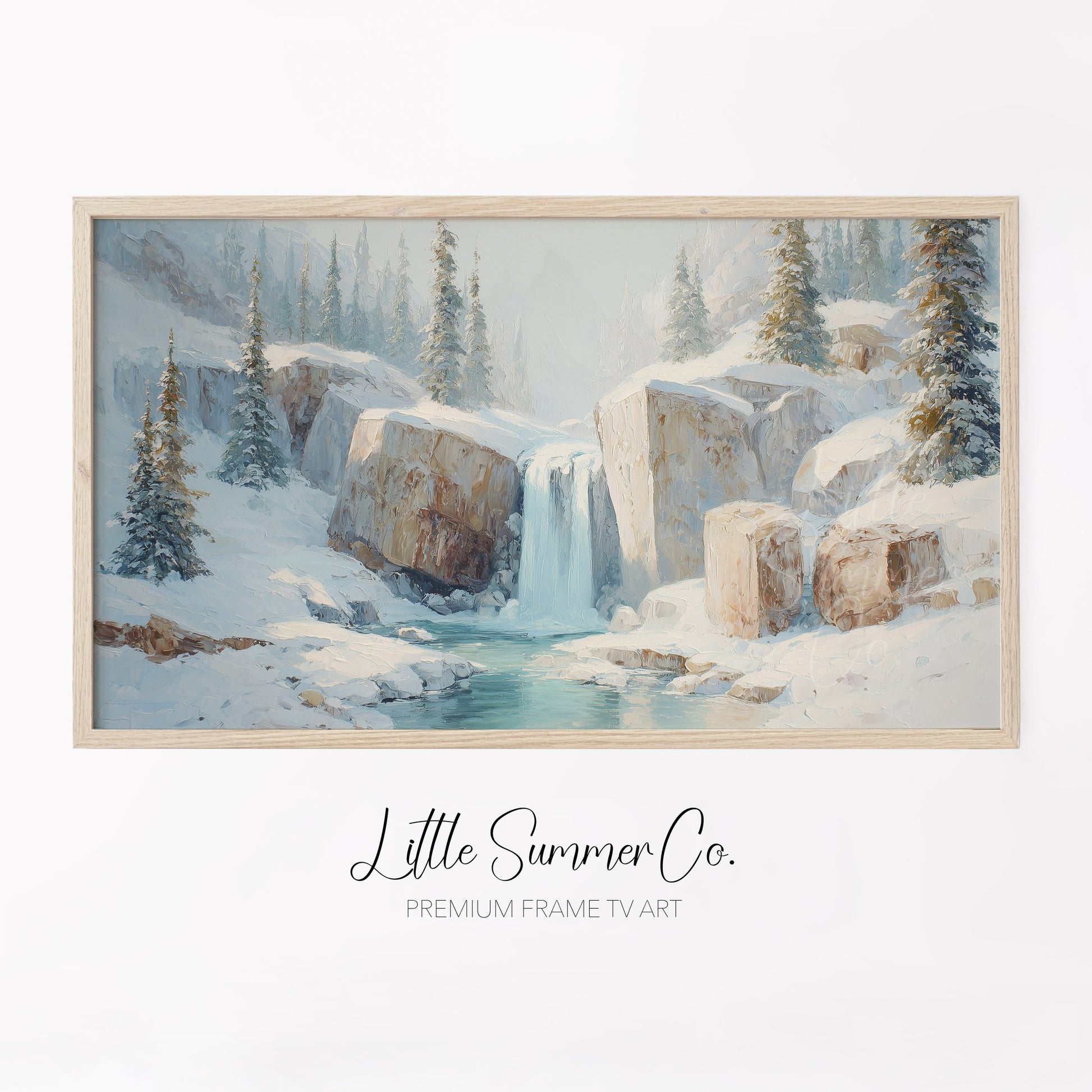 Snowy Mountain Waterfall Frame TV Art displayed on a TV