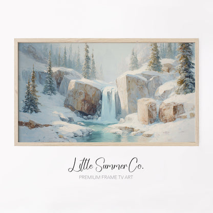 Snowy Mountain Waterfall Frame TV Art displayed on a TV