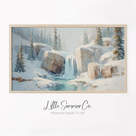 Snowy Mountain Waterfall Frame TV Art displayed on a TV