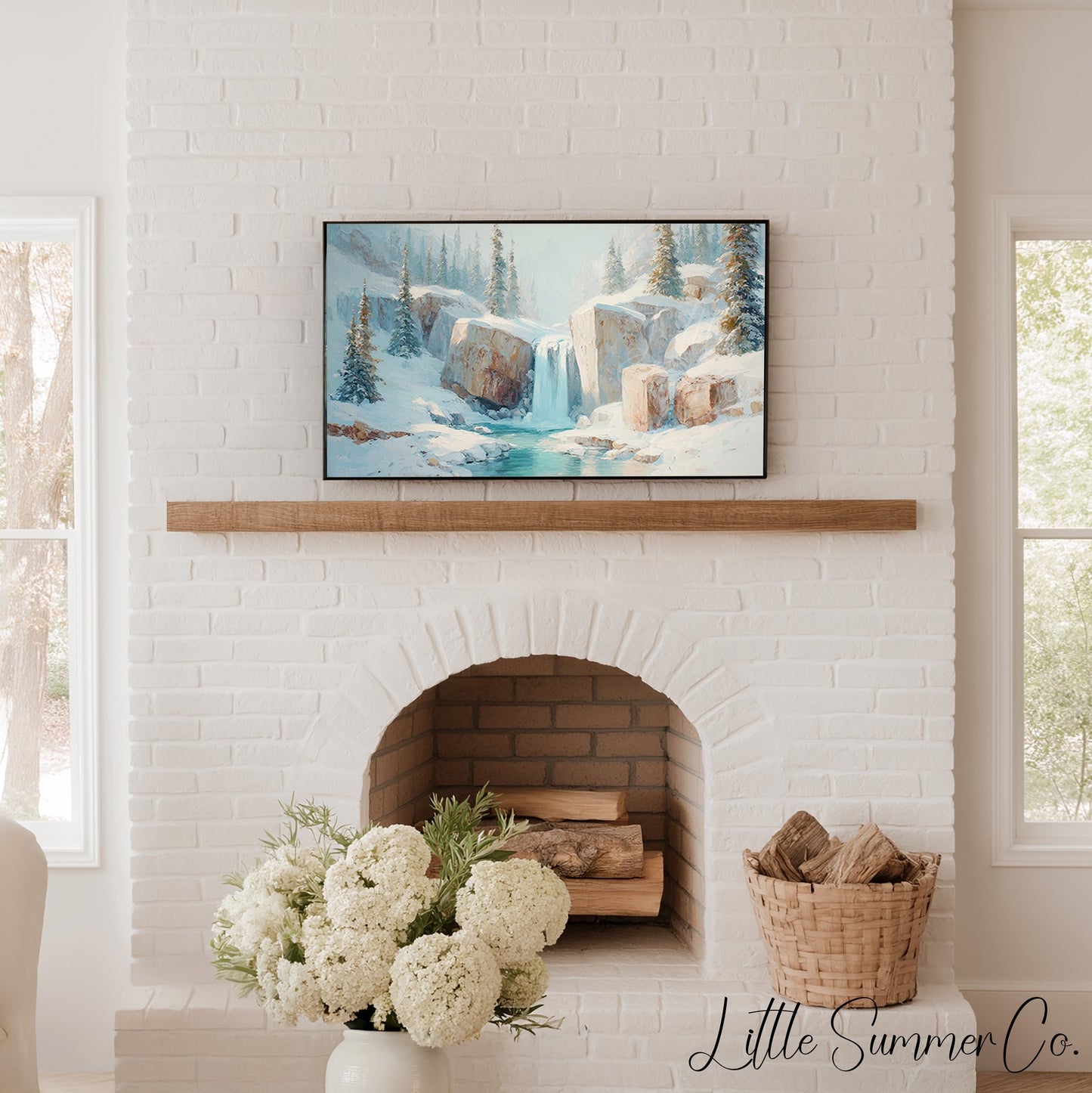 Snowy Mountain Waterfall Frame TV Art displayed on a TV