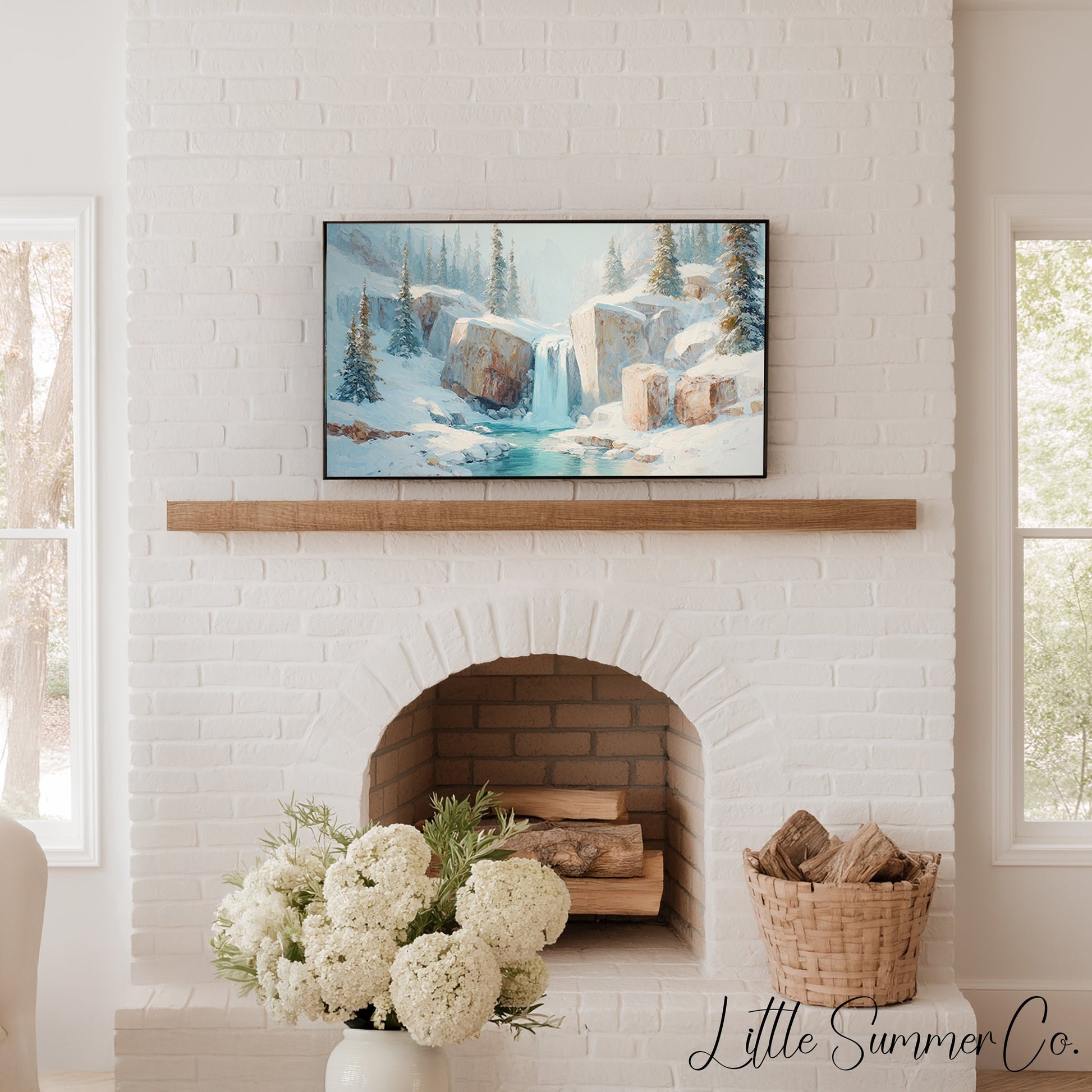 Snowy Mountain Waterfall Frame TV Art displayed on a TV