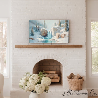 Snowy Mountain Waterfall Frame TV Art displayed on a TV