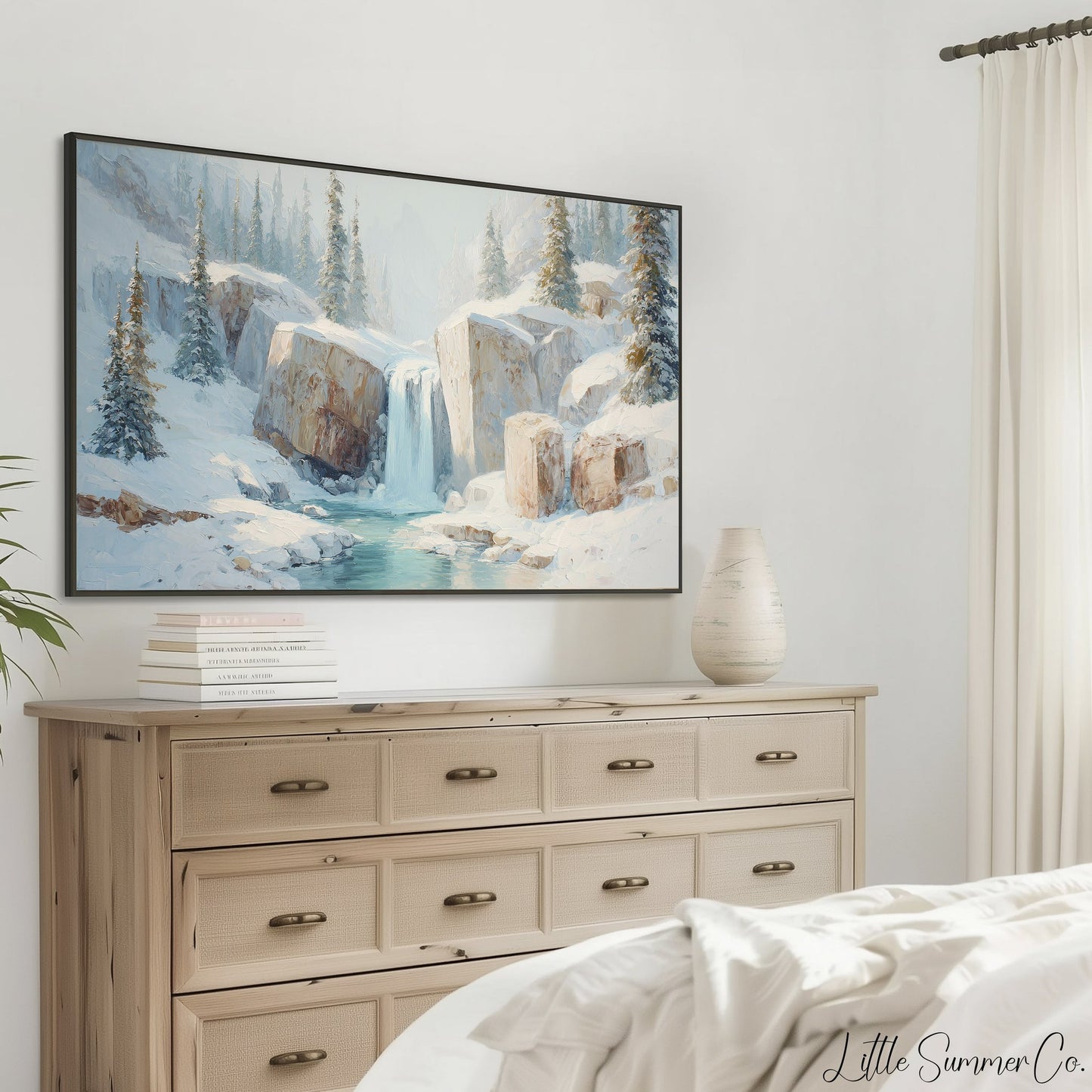 Snowy Mountain Waterfall Frame TV Art displayed on a TV