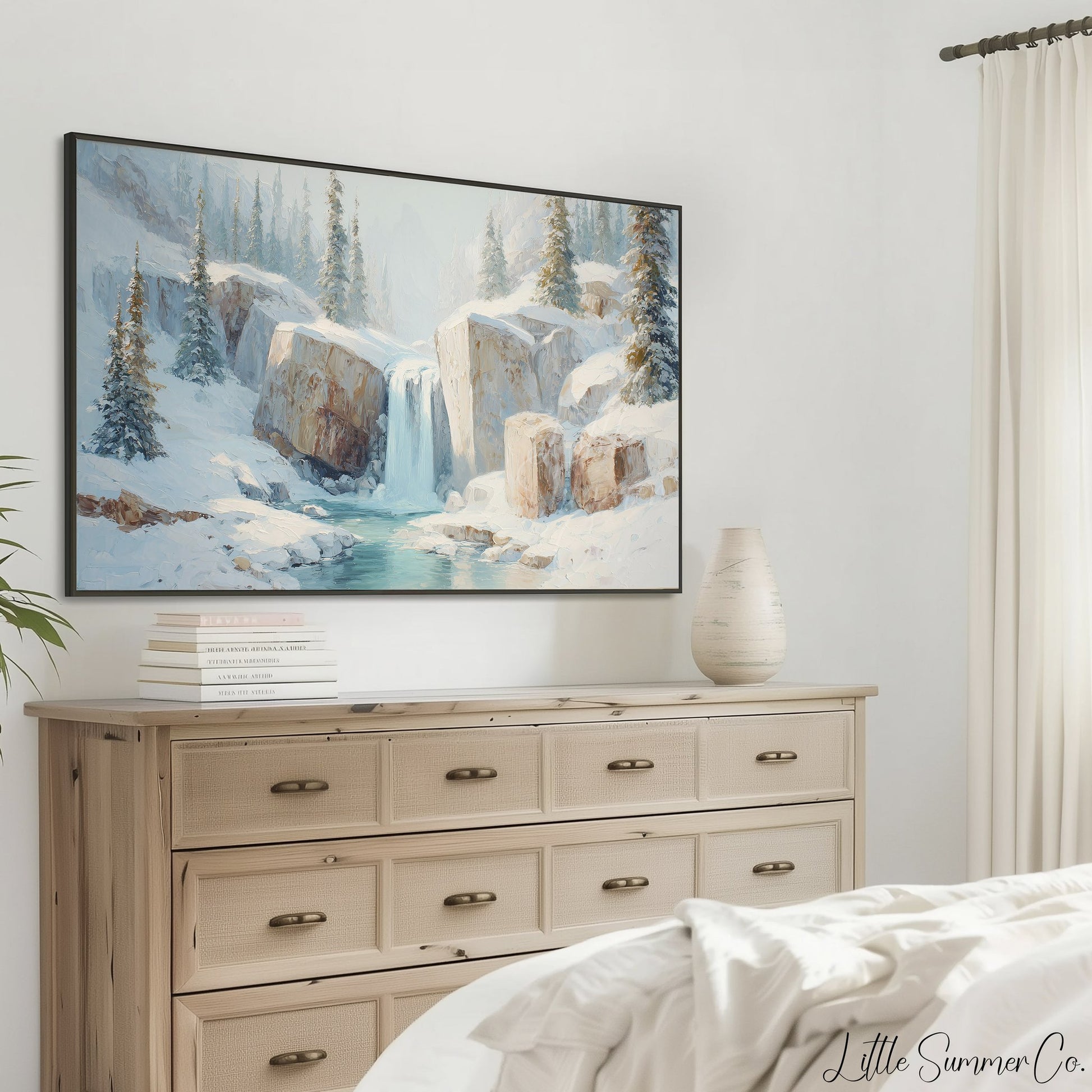 Snowy Mountain Waterfall Frame TV Art displayed on a TV