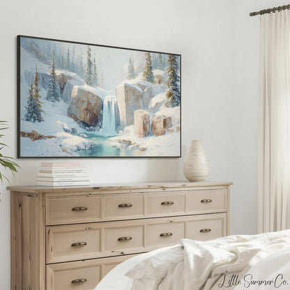 Snowy Mountain Waterfall Frame TV Art displayed on a TV
