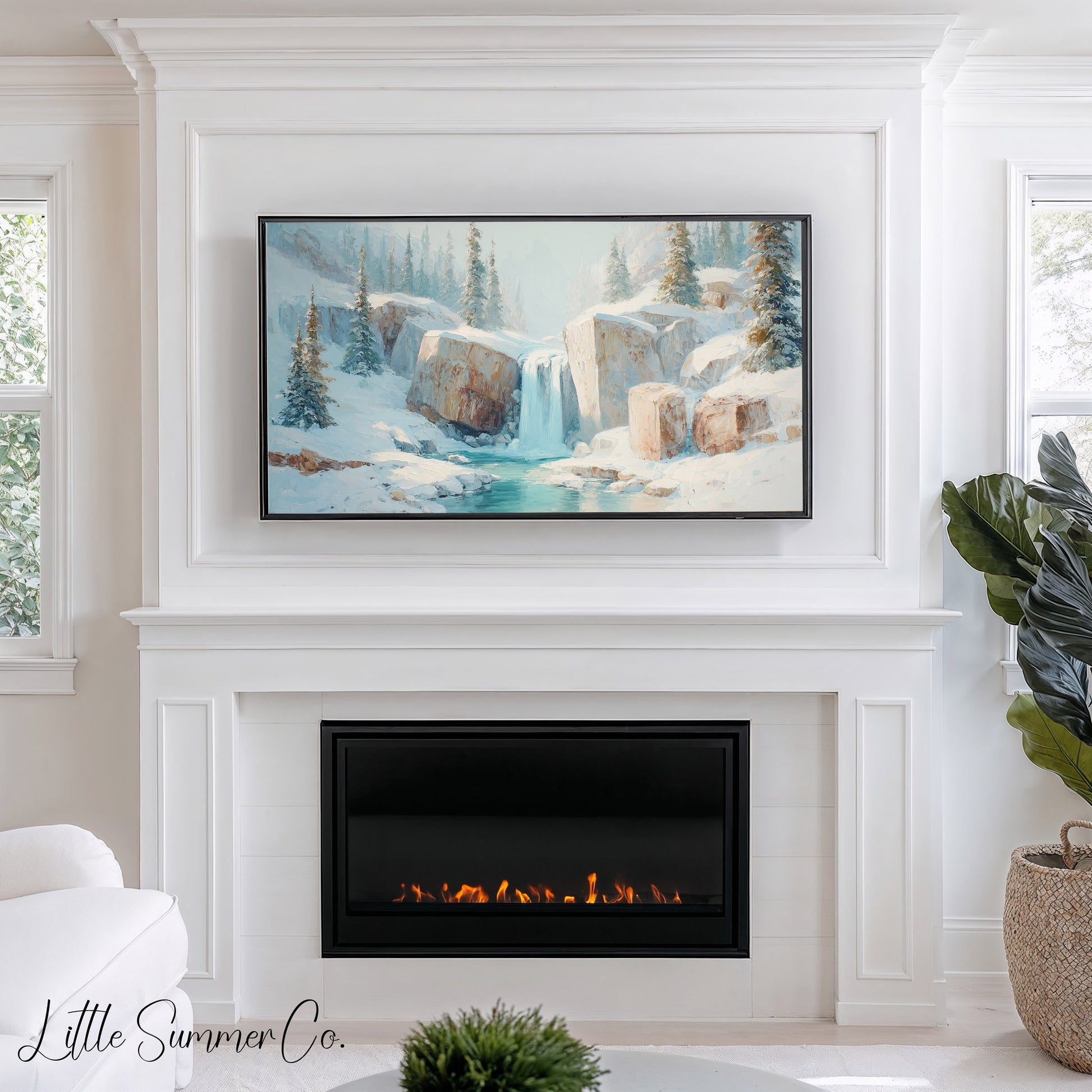 Snowy Mountain Waterfall Frame TV Art displayed on a TV