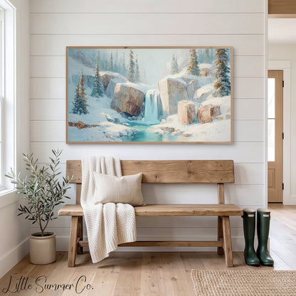 Snowy Mountain Waterfall Frame TV Art displayed on a TV