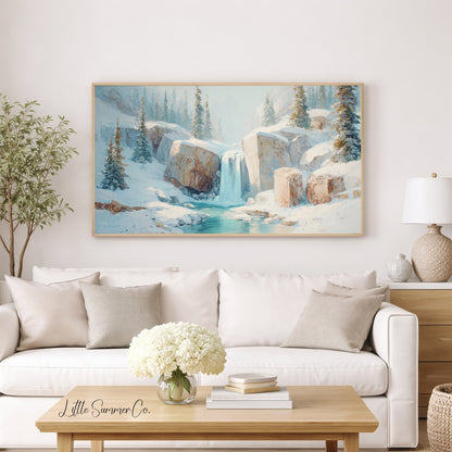 Snowy Mountain Waterfall Frame TV Art displayed on a TV