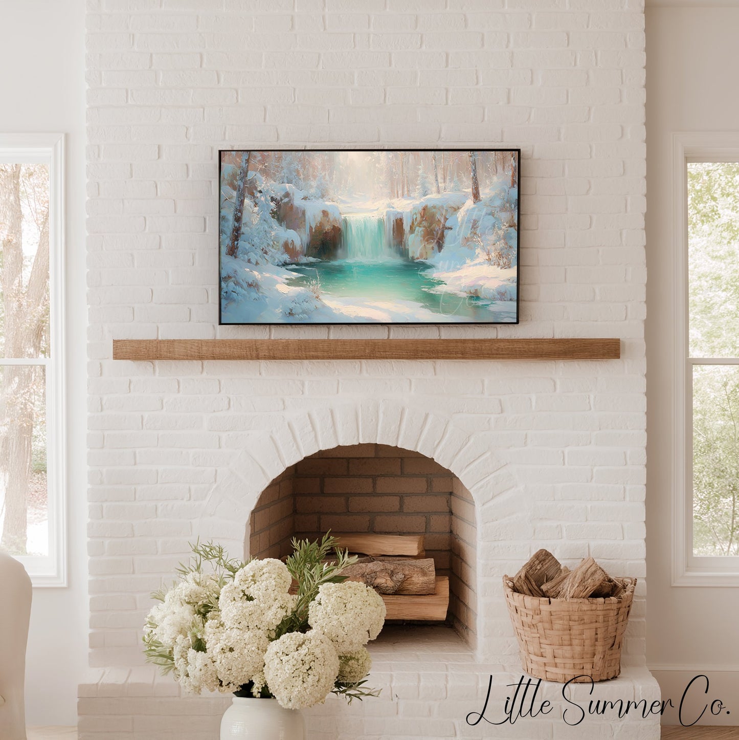 Icy Turquoise Waterfall Frame TV Art displayed on a TV