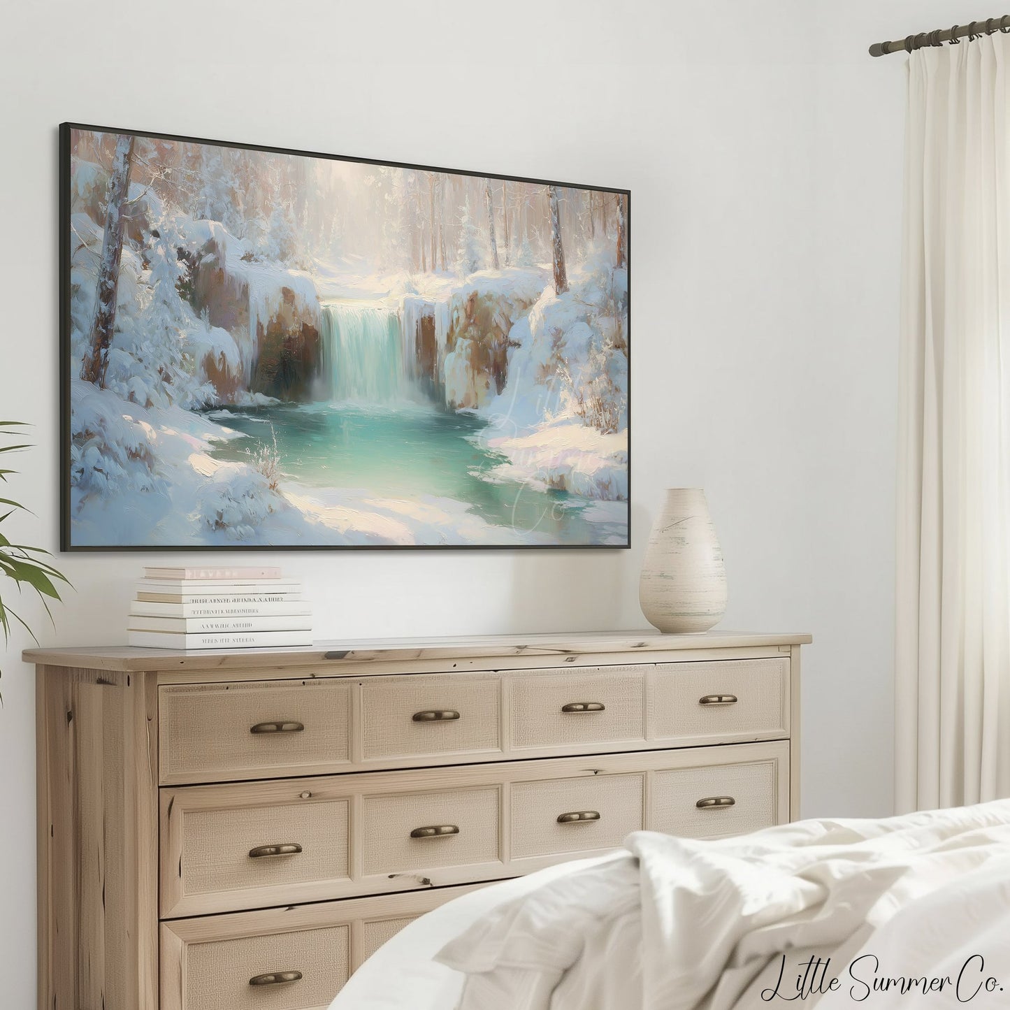 Icy Turquoise Waterfall Frame TV Art displayed on a TV