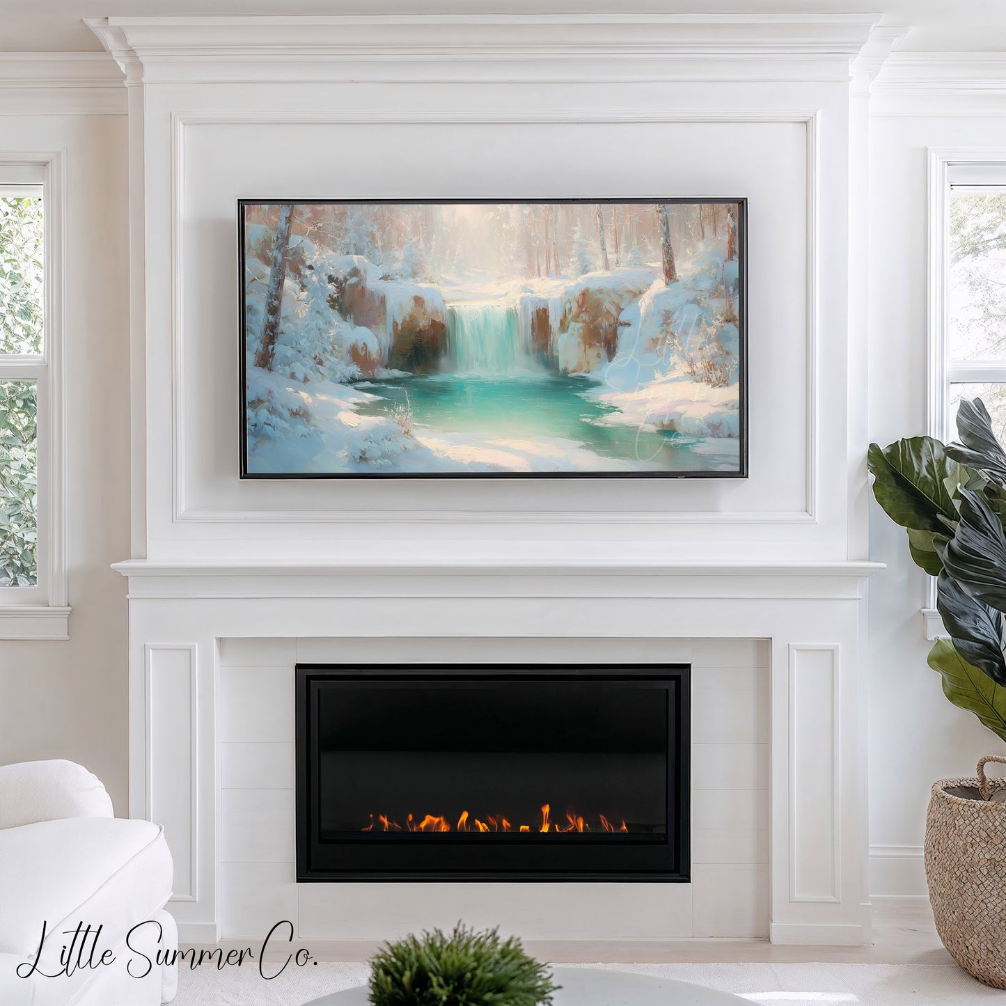Icy Turquoise Waterfall Frame TV Art displayed on a TV