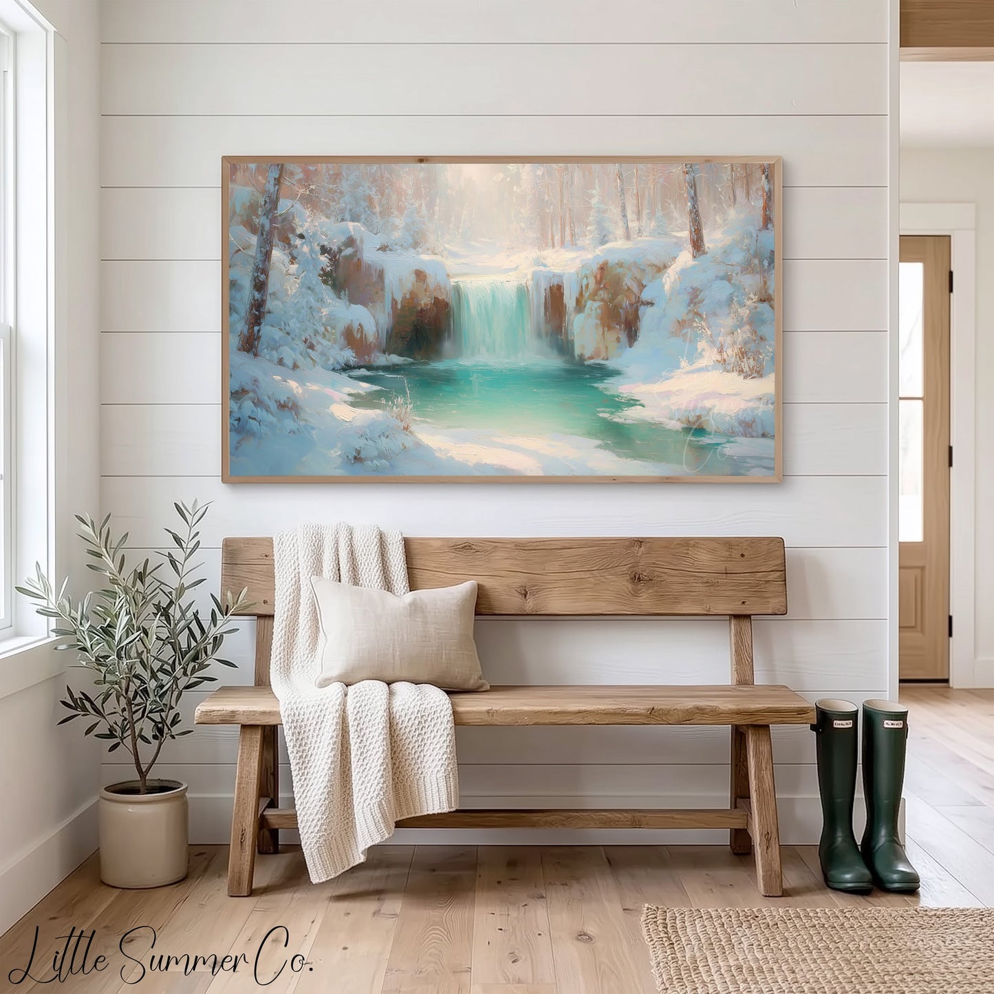 Icy Turquoise Waterfall Frame TV Art displayed on a TV