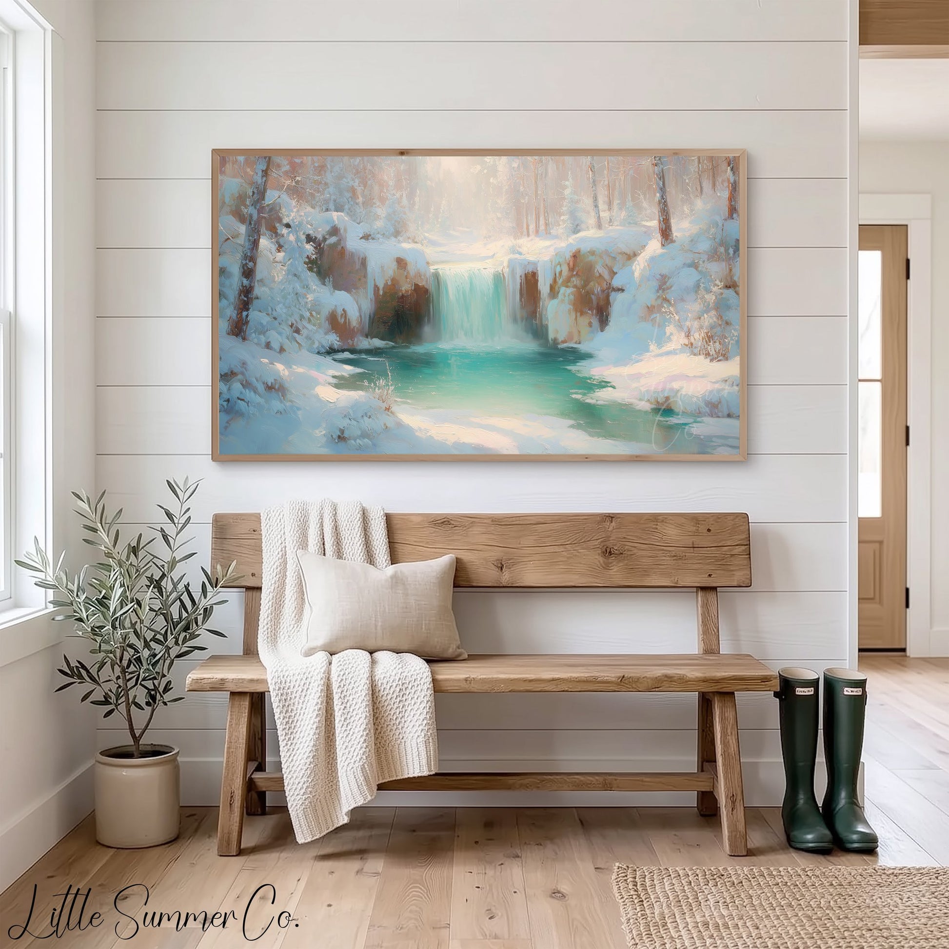 Icy Turquoise Waterfall Frame TV Art displayed on a TV