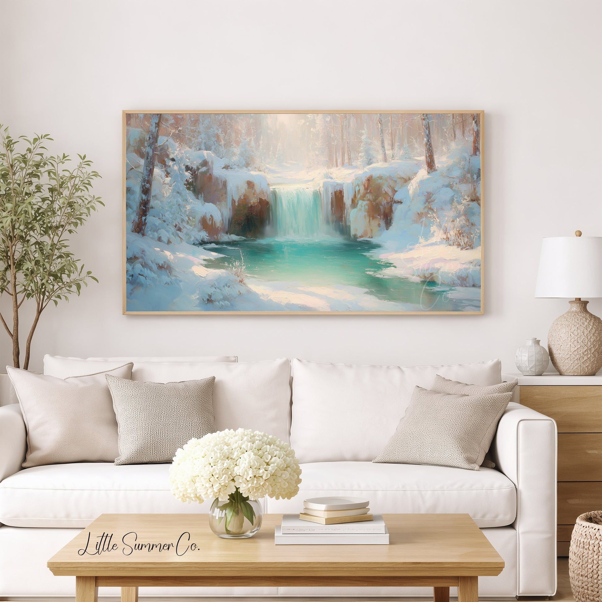 Icy Turquoise Waterfall Frame TV Art displayed on a TV