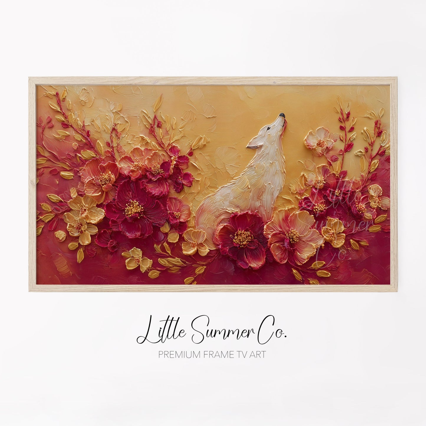 White Dog Among Flowers Frame TV Art displayed on a TV