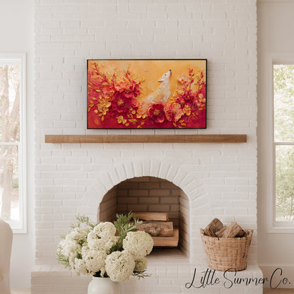 White Dog Among Flowers Frame TV Art displayed on a TV
